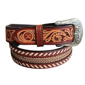 Western Tooled Taper Leather Belt Size 38 Cognac Floral Buckstitch Rawhide Rodeo